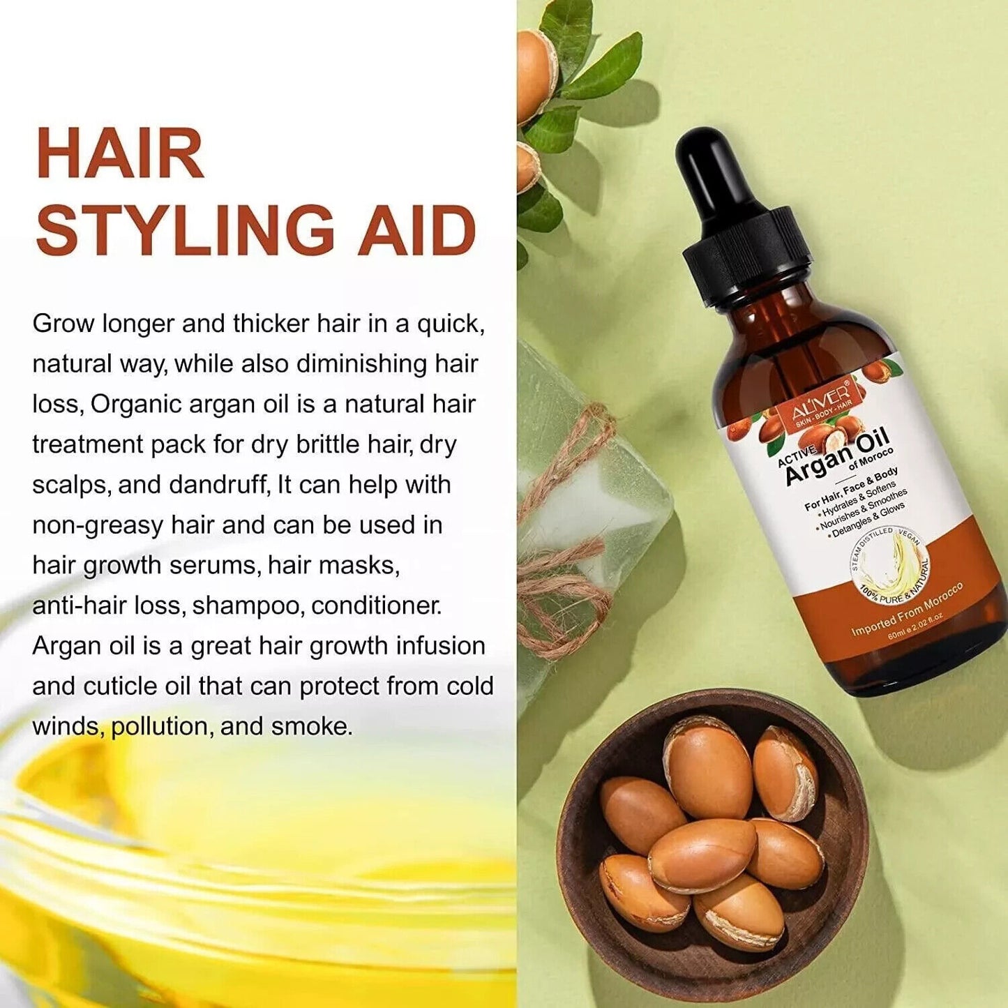 Aliver Pure Argan Oil | 100% Natural Cold-Pressed Oil for Hair Growth, Skin Repair & Moisturising Care