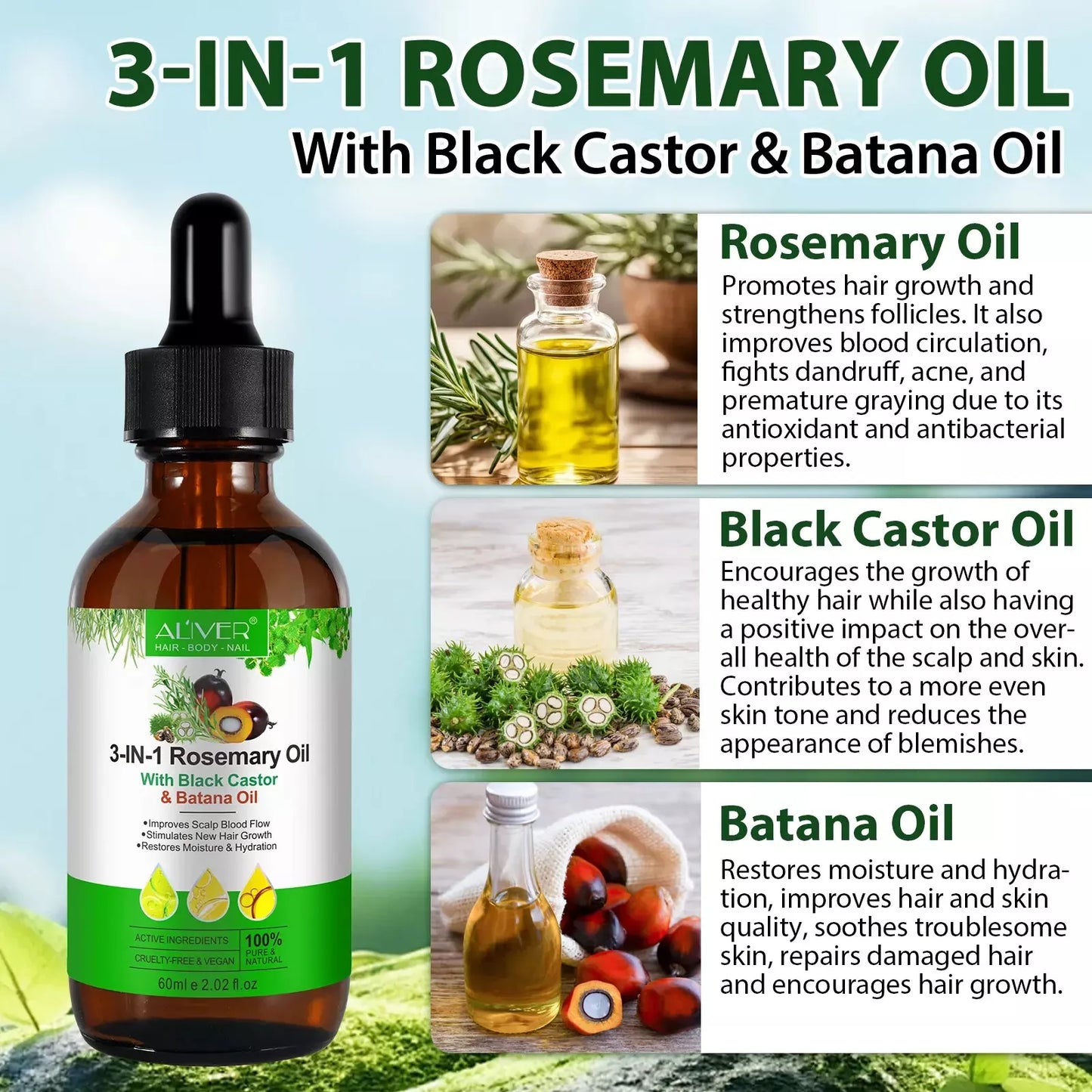 3-in-1 Hair & Skin Nourishing Oil – Rosemary, Black Castor & Batana | 100% Pure & Natural (60ml)