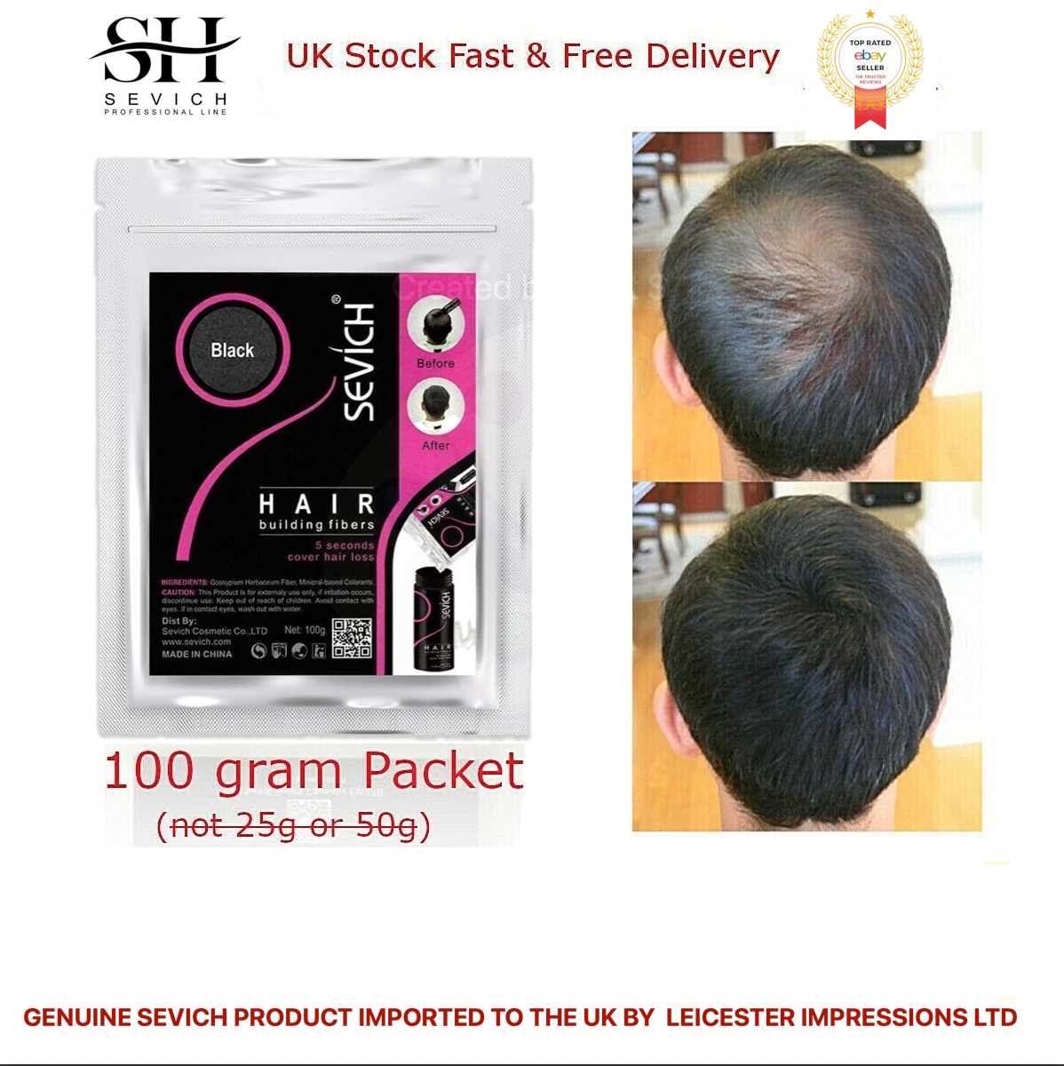 Sevich Hair Building Fibres 100g Refill Bag | Keratin Hair Thickening Powder UK