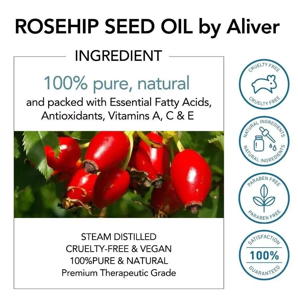 Aliver 100% Pure Rosehip Oil 60ml | Cold-Pressed Natural Oil for Radiant Skin & Healthy Hair