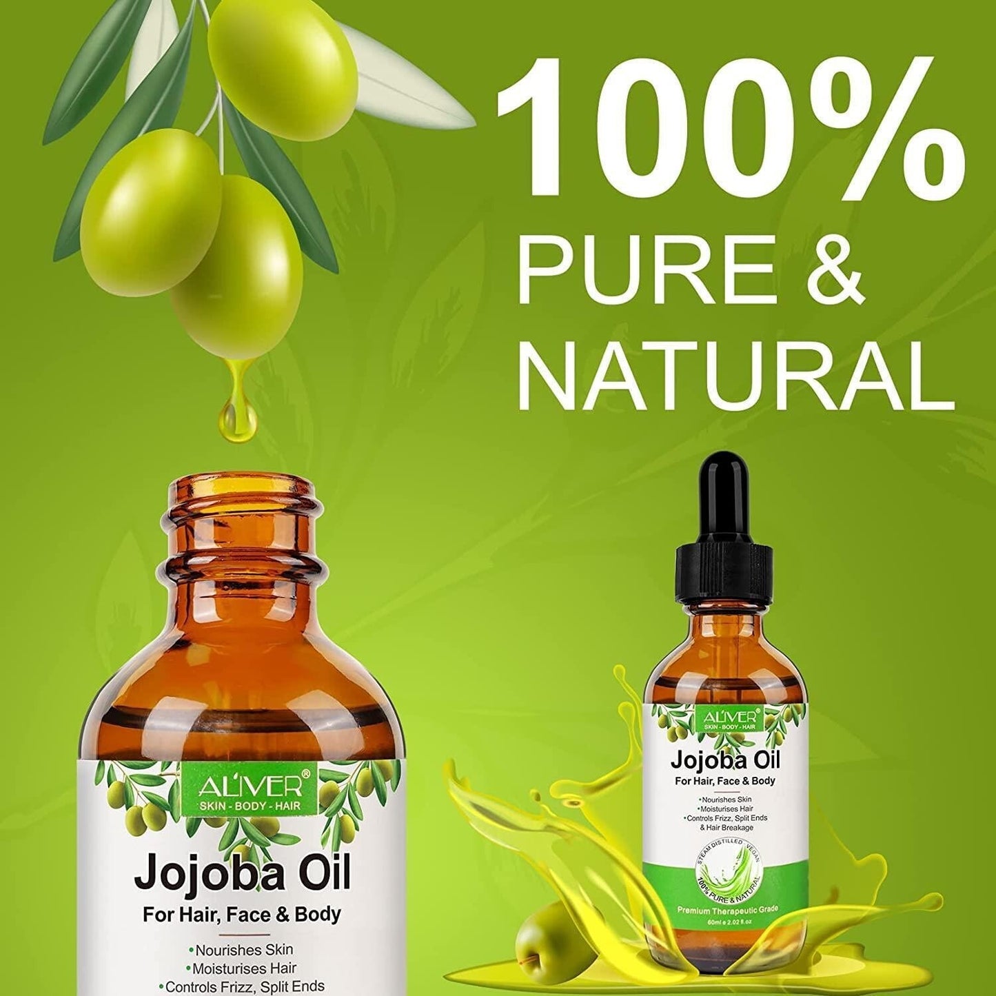 Pure & Natural Jojoba Oil | 100% Cold-Pressed Moisturising Oil for Skin, Face, Hair & Nails (60ml)