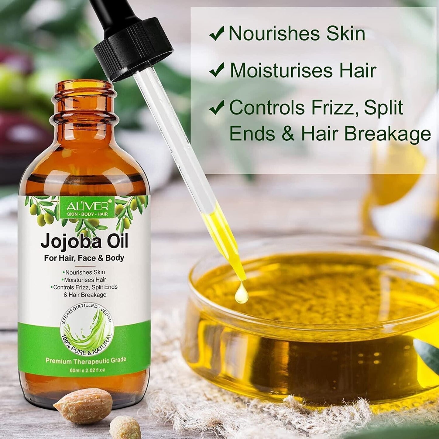 Pure & Natural Jojoba Oil | 100% Cold-Pressed Moisturising Oil for Skin, Face, Hair & Nails (60ml)